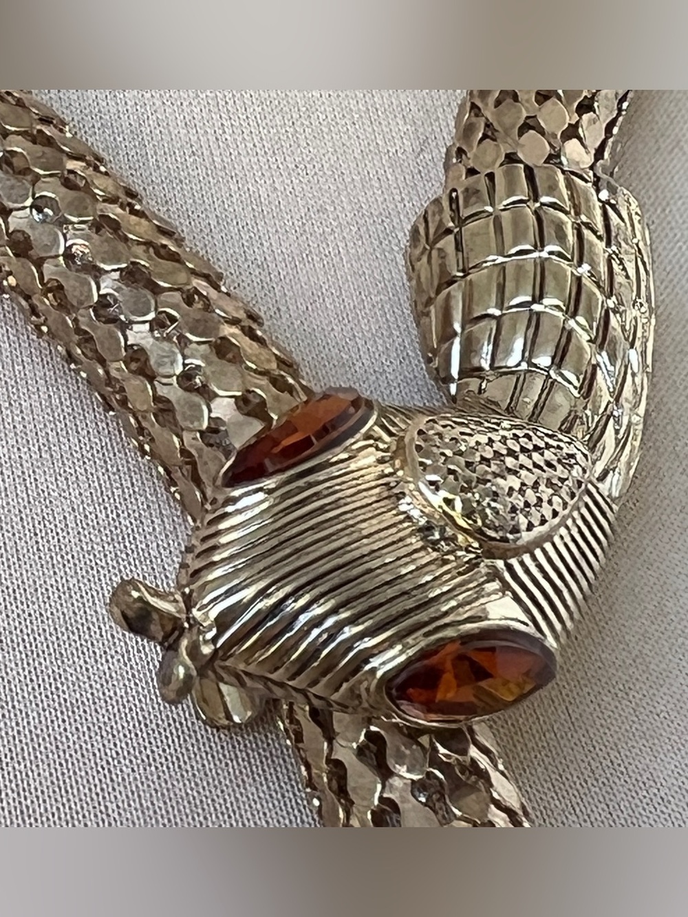 Unsigned Whiting Davis Oromesh Gold Mesh Snake Belt Lariat Necklace Crystal Eyes - Picture 2 of 12